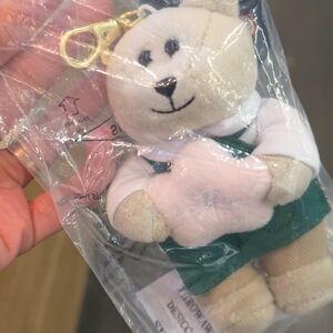 Starbucks Beige & White Bear Keychain with Green Bow